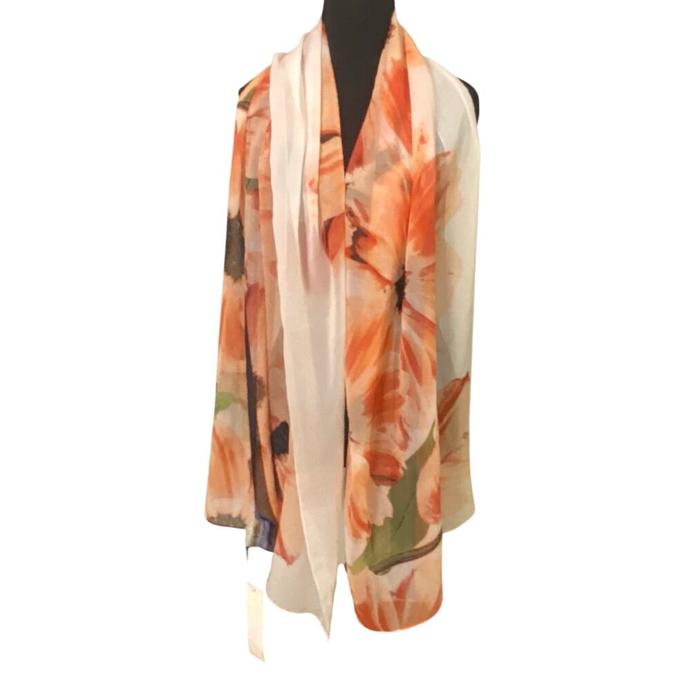 NWT Calvin Klein Orange Floral Sheer Chiffon Scarf Blue Border Wrap